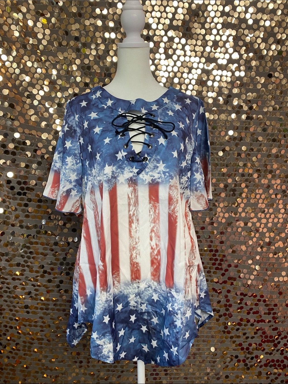 Lace-Up Stars & Stripes Tunic Top - Red, White & Blue Size Medium #1525
